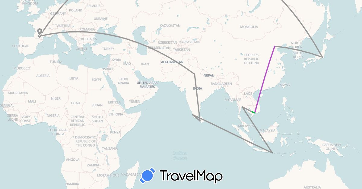 TravelMap itinerary: driving, bus, plane, train in China, France, Indonesia, India, Japan, Cambodia, Sri Lanka, Thailand, Vietnam (Asia, Europe)